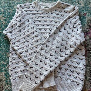 Cream Patterned Knit Sweater – Vintage-Inspired Textured Cozy Crewneck Neutral G